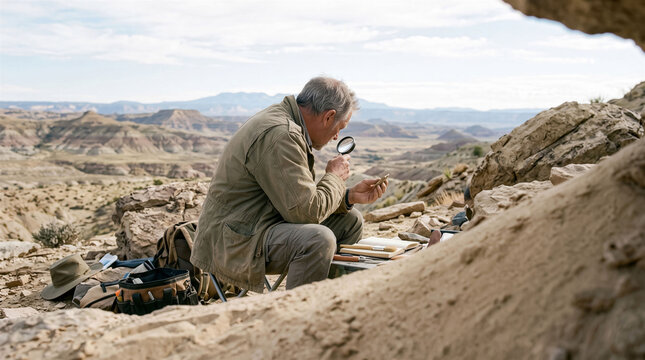 Male archaeologist inspecting small artifact with magnifying glass