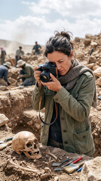 Female archaeologist photographing skull during desert fieldwork