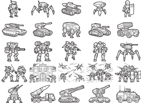 Collection of retro pixel art robotic warfare vehicles and characters, including mechs, tanks, walkers, and soldiers, presented as a monochromatic lineup.