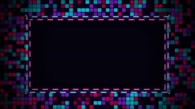 Neon mosaic pixel frame glowing on dark background