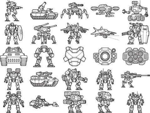 Collection of detailed line art illustrations depicting various futuristic combat robots, military tanks, and advanced aerial vehicles, showcasing a diverse range of mecha and war machine designs.