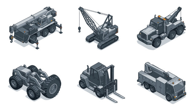 Set of isometric construction vehicles and heavy machinery in grayscale.