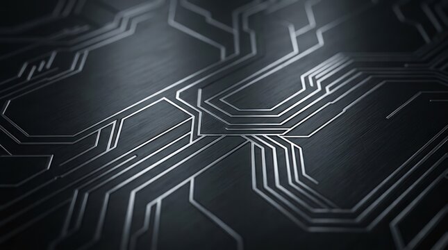 Futuristic circuit board pattern with glowing lines and dark metallic background