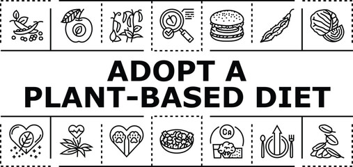 Obraz premium Adopt a plant-based diet banner infographic. Fiber sustainable, grains vegetarian, legumes wellness icon vector illustration