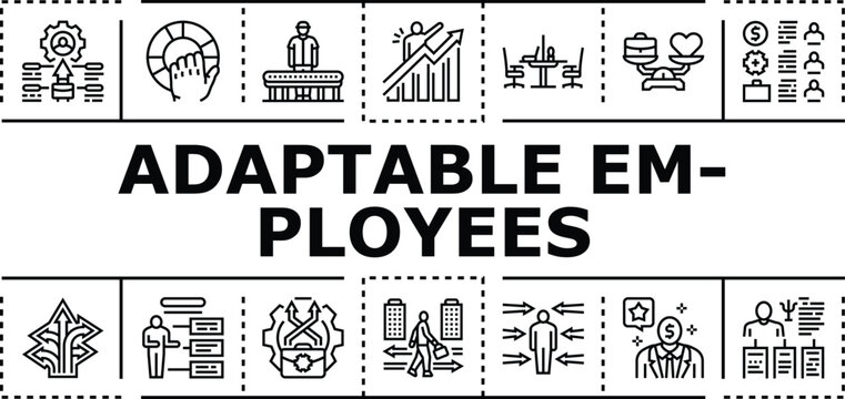 Adaptable employees banner infographic. Collaborative inventive, tolerant resourceful, cooperative proactive icon vector illustration