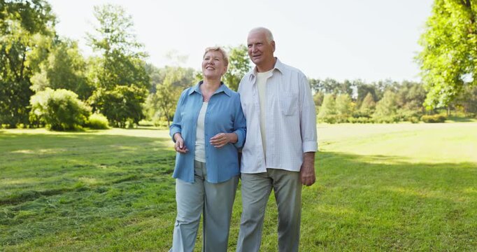 Senior couple walking outdoors in park. They stroll arm in arm on a sunny path among green trees, signaling wellness, relationship and positive aging in retirement. Active life and love win.