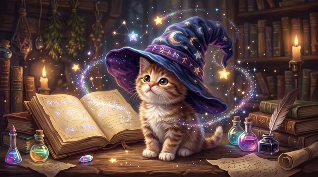 Cute kitten sitting as a young wizard reading an open book in a magical library setting