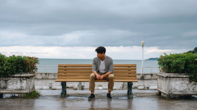 Young Asian man sitting alone on a wooden bench overlooking the sea ocean