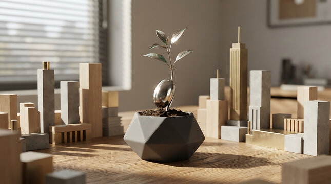 Small metallic sprout growing in a concrete pot surrounded by miniature wooden city buildings on a desk