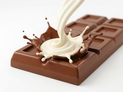 Fresh milk pouring onto a delicious brown chocolate bar creating a beautiful splash isolated on a clean white background