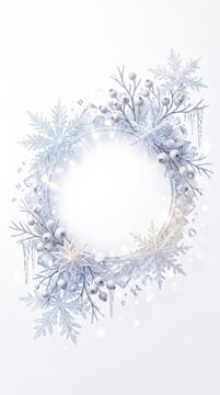 Circular winter decorative frame with frosty branches snowflakes and ice crystals isolated on white background