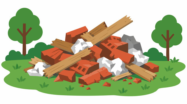 A pile of broken orange bricks, wooden planks, and grey debris rests dumped on park grass in this environmental vector illustration, composed with rich green, terracotta, and grey tones