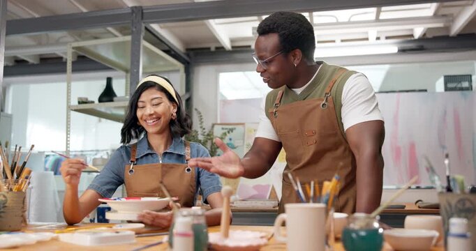 Pottery, instructor or woman in class with talking, design guidance or painting technique for bowl. Happy potter, teaching or check in for ceramics workshop, compliment decoration or artwork feedback