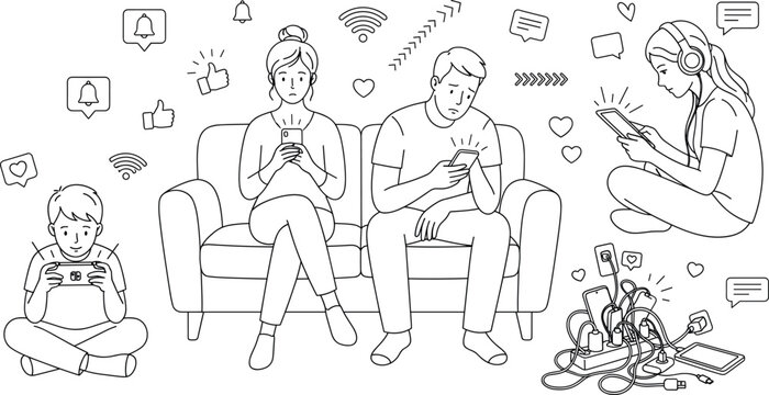 Family smartphone addiction vector outline doodle set with parents and children screen time obsession and charging cable mess
