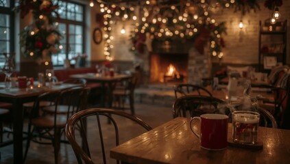 Obraz premium Cozy Restaurant Setting With Holiday Decorations and a Fireplace