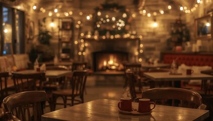 Obraz premium Cozy Atmosphere in a Cafe With Warm Lights During a Winter Evening