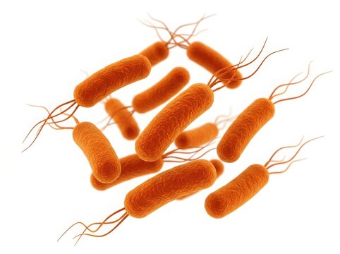 Group of orange rod shaped bacteria cells with flagella swimming