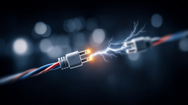 Two electrical connectors separated by a spark represent power failure and unsafe electrical disconnection.
