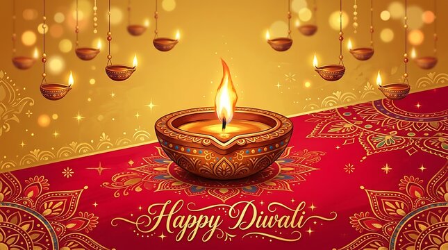 Golden diwali celebration with lit lamp and blurred background lights