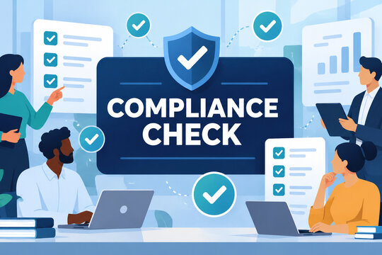 Business team reviews compliance checklists around a large shield and check mark, with laptops and charts in a blue office illustration.