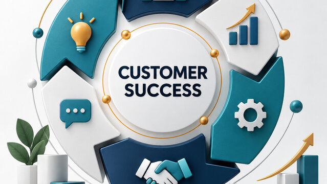 A 3D customer success illustration with circular arrows, a light bulb, chat bubble, gear, handshake, and growth chart in teal, navy, white, and gold.