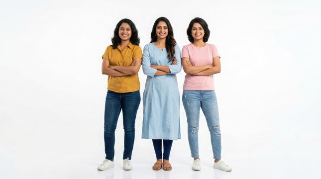 Three empowered indian women confidently pose together for a studio portrait on a plain white backdrop