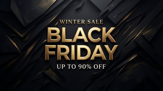 Dramatic black friday sale banner with gold text and abstract dark background