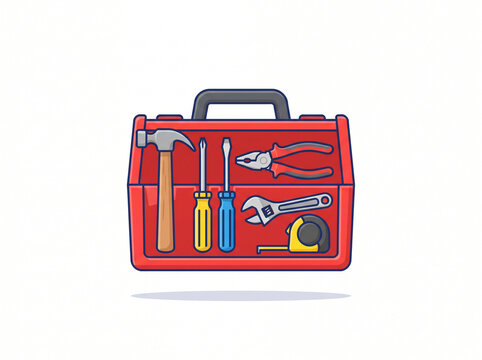 Red Toolbox with Hand Tools Isolated on White Background