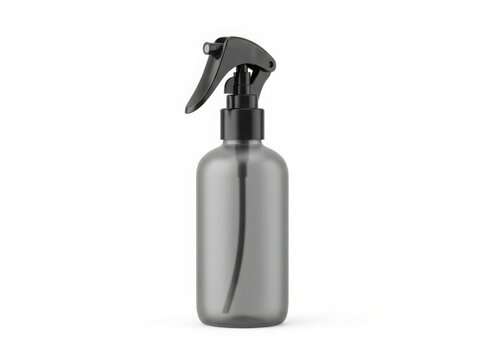 Empty grey plastic spray bottle with black trigger pump for cosmetic or cleaning liquid, isolated on a clean white background