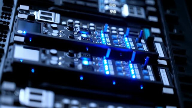 Electronic control modules with blue indicator lights remain active as camera glides across black equipment chassis, revealing circuit boards, ports, buttons, knobs, and layered hardware