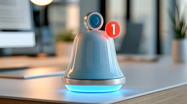 Glowing 3D notification bell with one unread badge placed on a contemporary office desk, task reminder, incoming message, digital productivity, workplace alerts, premium realistic