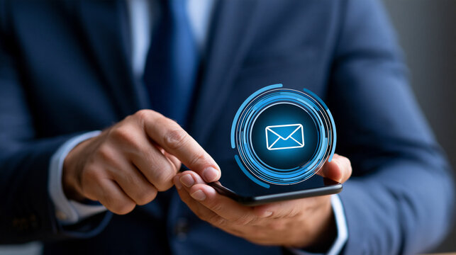 Businessman shown from shoulders down holding smartphone with a single unread email badge and glowing envelope icon, instant communication, corporate messaging, mobile business
