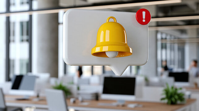 Yellow digital bell inside a white speech bubble with red unread badge floating above office workspace, messaging alerts, communication technology, notification systems, customer