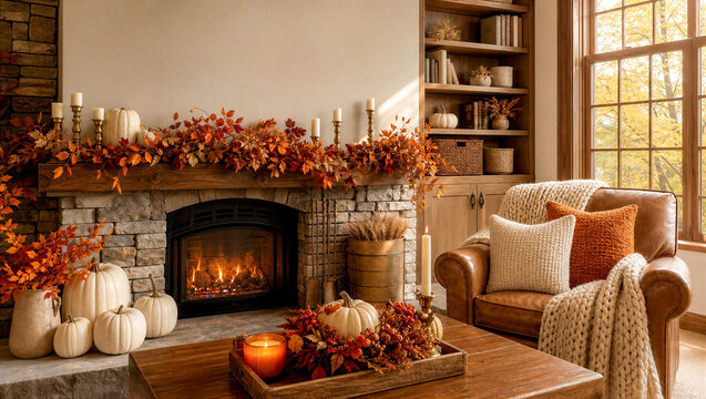 Vertical Fall Living Room Decor with Fireplace and Autumn Accents