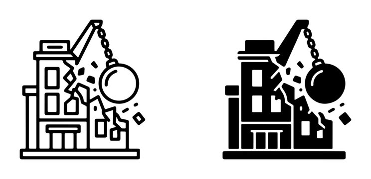 Demolition icons, building destruction, construction site, wrecking ball, urban renewal, renovation, building collapse, industrial process, architectural breakdown, renovation project