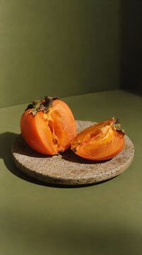 Fresh sliced ripe persimmon fruit arranged on a natural stone plate with a green background