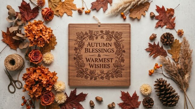 Wooden Sign with Autumn Blessings Typography Framed by Fall Foliage Flat Lay   