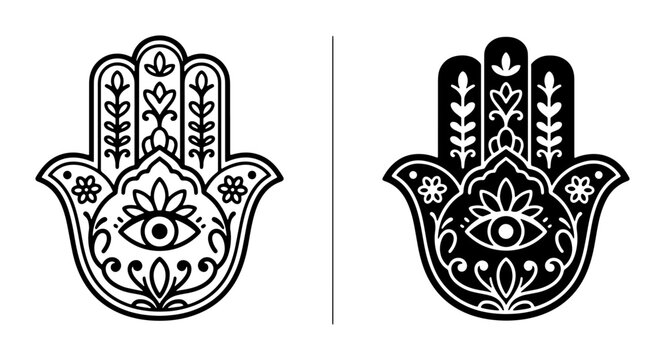 Hamsa Hand Symbols, Evil Eye Protection Icons, Mystical Talisman Vector Art, Spiritual Amulet Graphics, Black and White Decorative Designs