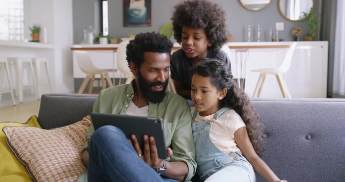Father, children and talk in house with tablet, watch cartoon or entertainment for bonding together. Happy, African man and kids in living room with tech, streaming show or love quality time with dad