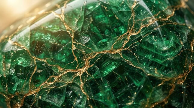Shiny green agate stone with gold veining and soft bokeh background