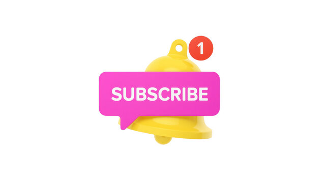 Yellow notification bell with a pink subscribe speech bubble and a red alert badge isolated on black background isolated on a transparent background