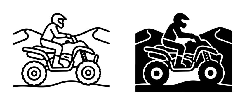Quad Bike Rider, ATV Dune Bashing, Off-Road Adventure Vector Icons. Set of two graphic resources: line art and silhouette.