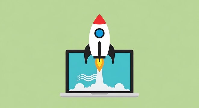Digital startup concept: Rocket launch from laptop screen illustrating fast technology progress.