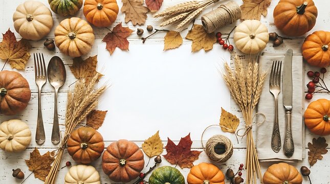 Autumn harvest festive table setting with pumpkins and fall foliage border