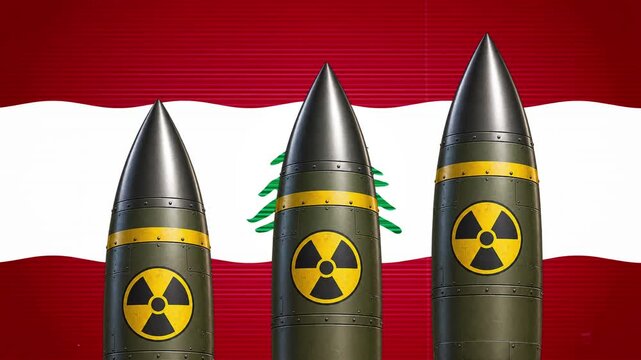 Three nuclear missiles rising in front of the Lebanon flag