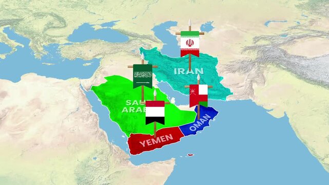 3D map animation showing Middle East countries with national flags