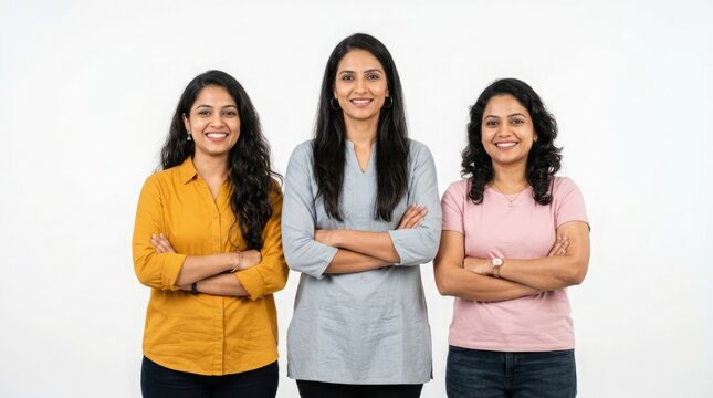 Three smiling confident indian women with arms crossed looking directly at the camera in a bright studio setting