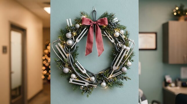 Festive medical Christmas wreath decorated with stethoscopes and tuning forks on a blue wall