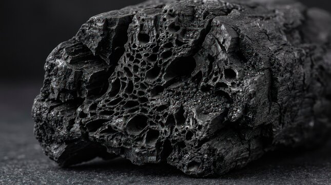 Close up of rough volcanic rock with porous texture and dark tone