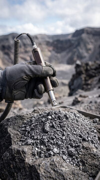 Researcher in gloves holds a spectrometer over volcanic rock, examining mineral composition in a rugged outdoor environment with rocky terrain